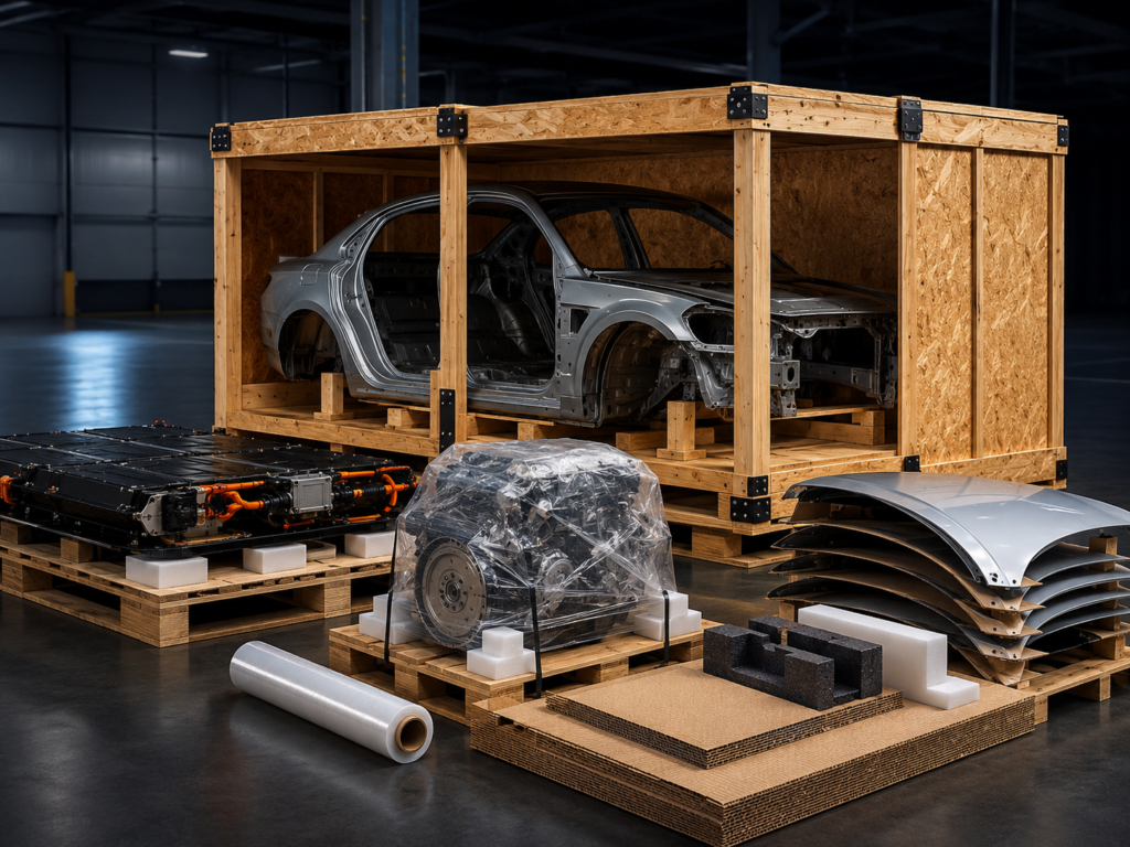 Complete vehicle packaging solution with custom wooden crate for automotive shipping and protection